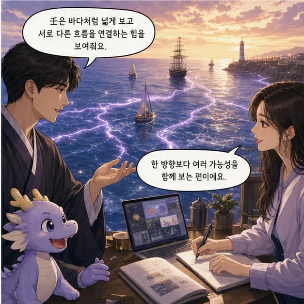 임진일주 4컷: 壬은 바다처럼 넓게 보고 서로 다른 흐름을 연결하는 힘을 보여줘요.