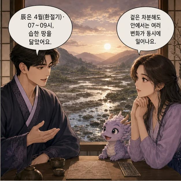 임진일주 6컷: 辰은 4월(환절기)·07~09시, 습한 땅을 닮았어요.