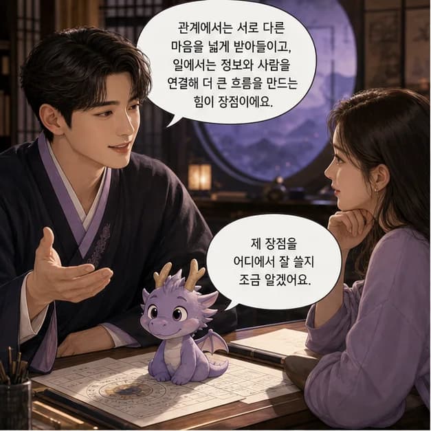 임진일주 9컷: 관계에서는 서로 다른 마음을 넓게 받아들이고, 일에서는 정보와 사람을 연결해 더 큰 흐름을 만드는 힘이 장점이에요.