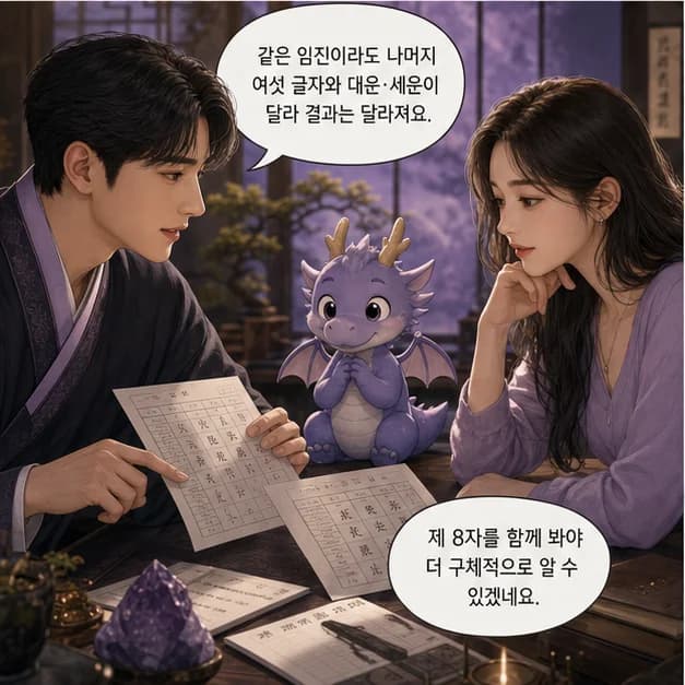 임진일주 11컷: 같은 임진이라도 나머지 여섯 글자와 대운·세운이 달라 결과는 달라져요.