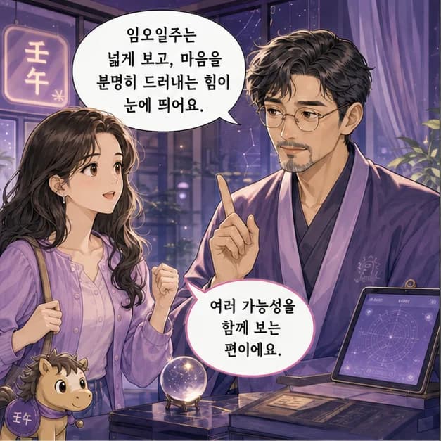 임오일주 1컷: 임오일주는 넓게 보고 서로 다른 흐름을 연결하는 힘과 마음과 의사를 분명히 드러내는 힘이 눈에 띄어요.