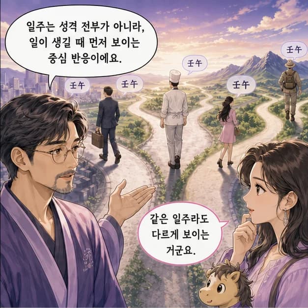임오일주 2컷: 일주는 성격 전부가 아니라, 일이 생길 때 먼저 보이는 중심 반응이에요.