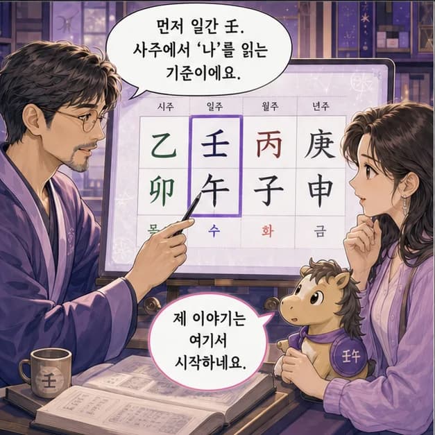 임오일주 3컷: 먼저 일간 壬. 사주에서 ‘나’를 읽는 기준이에요.