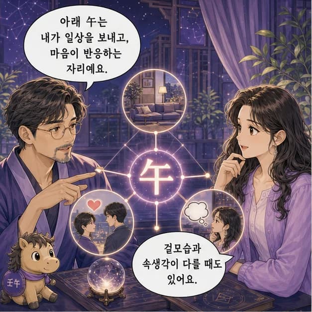 임오일주 5컷: 아래 午는 내가 일상을 보내고 마음이 반응하는 자리예요.