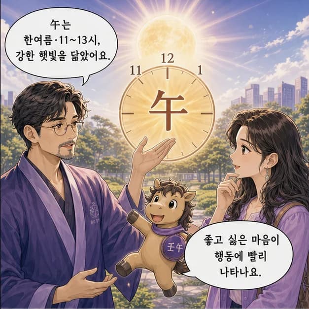 임오일주 6컷: 午는 6월(한여름)·11~13시, 강한 햇빛을 닮았어요.