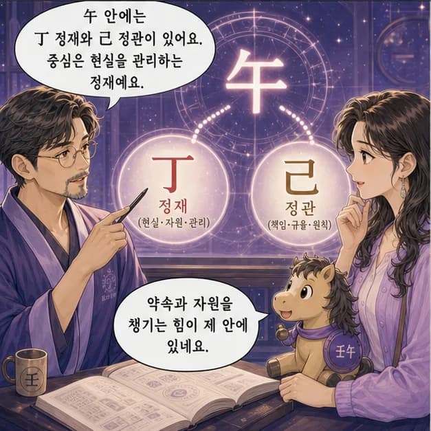 임오일주 7컷: 午 안의 丁 정재 · 己 정관. 중심은 정재, 현실의 약속과 자원을 차근차근 관리하는 힘이에요.
