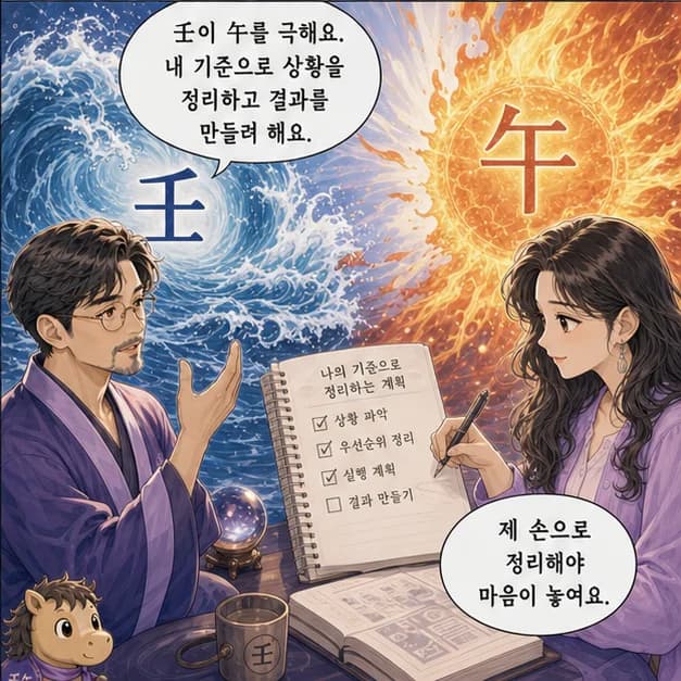 임오일주 8컷: 壬과 午의 관계는 ‘일간이 일지를 극함’. 내 기준으로 상황을 정리하고 현실적인 결과를 만들려 해요.
