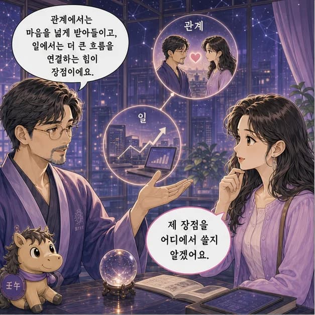 임오일주 9컷: 관계에서는 서로 다른 마음을 넓게 받아들이고, 일에서는 정보와 사람을 연결해 더 큰 흐름을 만드는 힘이 장점이에요.