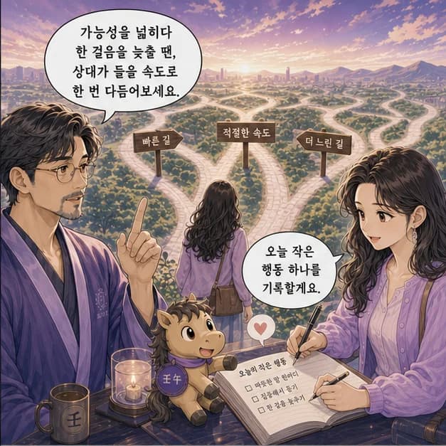 임오일주 10컷: 다만 가능성을 넓히다 지금의 한 걸음을 늦추는 패턴이 강해지는 때엔 지칠 수 있어요. 바로 답하기 전 상대가 들을 속도로 한 번 다듬기부터 해보세요.