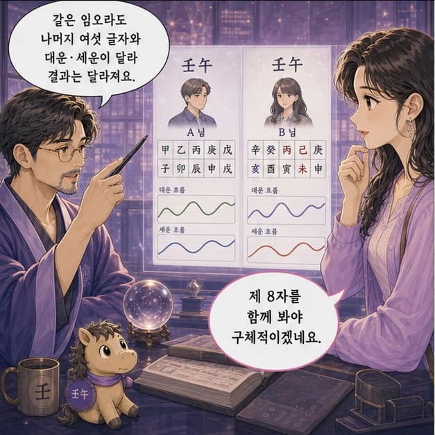 임오일주 11컷: 같은 임오라도 나머지 여섯 글자와 대운·세운이 달라 결과는 달라져요.