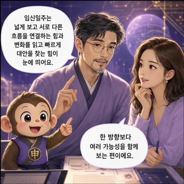 임신일주 1컷: 임신일주는 넓게 보고 서로 다른 흐름을 연결하는 힘과 변화를 읽고 빠르게 대안을 찾는 힘이 눈에 띄어요.