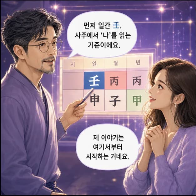 임신일주 3컷: 먼저 일간 壬. 사주에서 ‘나’를 읽는 기준이에요.