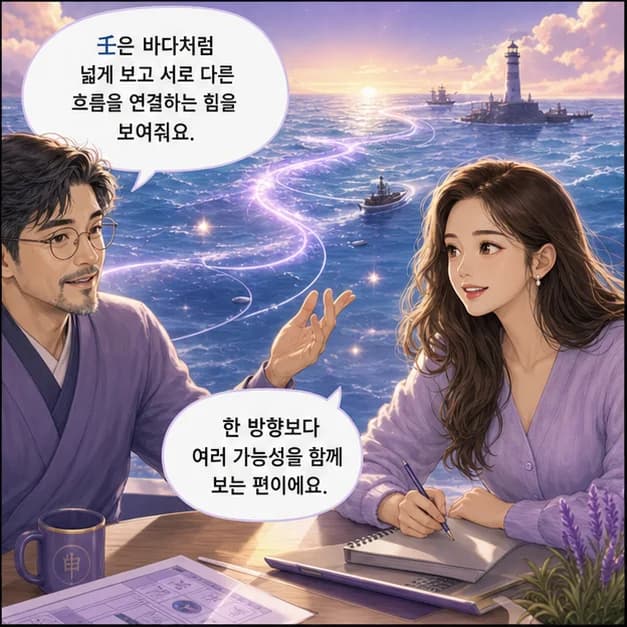 임신일주 4컷: 壬은 바다처럼 넓게 보고 서로 다른 흐름을 연결하는 힘을 보여줘요.