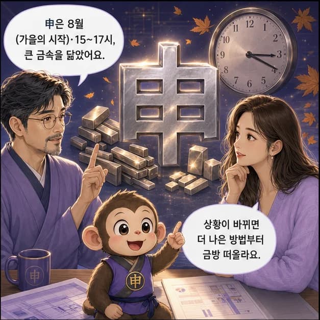 임신일주 6컷: 申은 8월(가을의 시작)·15~17시, 큰 금속을 닮았어요.