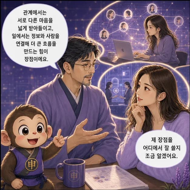 임신일주 9컷: 관계에서는 서로 다른 마음을 넓게 받아들이고, 일에서는 정보와 사람을 연결해 더 큰 흐름을 만드는 힘이 장점이에요.
