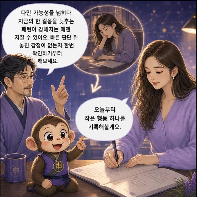 임신일주 10컷: 다만 가능성을 넓히다 지금의 한 걸음을 늦추는 패턴이 강해지는 때엔 지칠 수 있어요. 빠른 판단 뒤 놓친 감정이 없는지 한번 확인하기부터 해보세요.