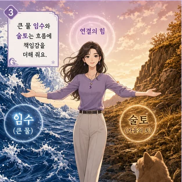 임술일주 7컷: 戌 안의 戊 편관 · 辛 정인 · 丁 정재. 중심은 편관, 압박 속에서도 결단하고 돌파하는 힘이에요.