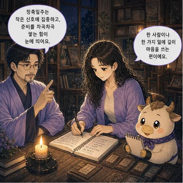 정축일주 1컷: 정축일주는 작은 신호도 놓치지 않고 집중하는 힘과 준비와 자원을 차곡차곡 쌓는 힘이 눈에 띄어요.
