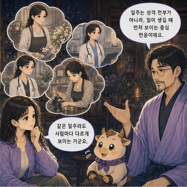 정축일주 2컷: 일주는 성격 전부가 아니라, 일이 생길 때 먼저 보이는 중심 반응이에요.