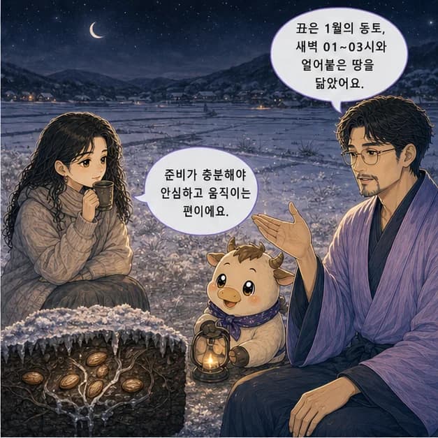 정축일주 6컷: 丑은 1월(동토)·01~03시, 얼어붙은 땅을 닮았어요.