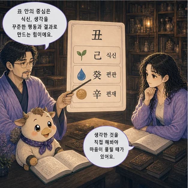 정축일주 7컷: 丑 안의 己 식신 · 癸 편관 · 辛 편재. 중심은 식신, 생각을 꾸준한 행동과 결과로 만드는 힘이에요.
