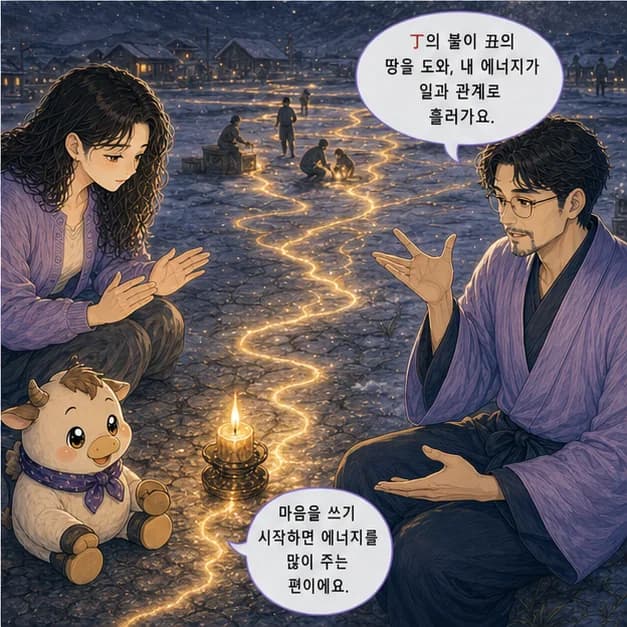 정축일주 8컷: 丁과 丑의 관계는 ‘일간이 일지를 생함’. 내 에너지가 일과 관계 바깥으로 자연스럽게 흘러가요.