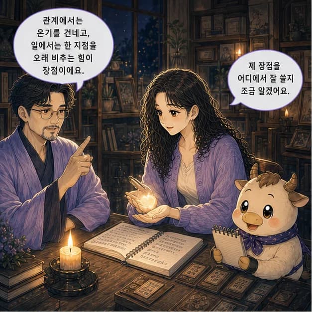 정축일주 9컷: 관계에서는 상대에게 필요한 온기를 세심하게 건네고, 일에서는 한 지점을 오래 비추며 완성도를 높이는 힘이 장점이에요.