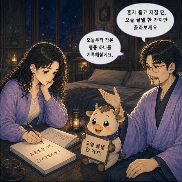 정축일주 10컷: 다만 마음속 열기를 혼자 품고 쉽게 지치는 패턴이 강해지는 때엔 지칠 수 있어요. 쌓아둔 일에서 오늘 끝낼 한 가지만 고르기부터 해보세요.