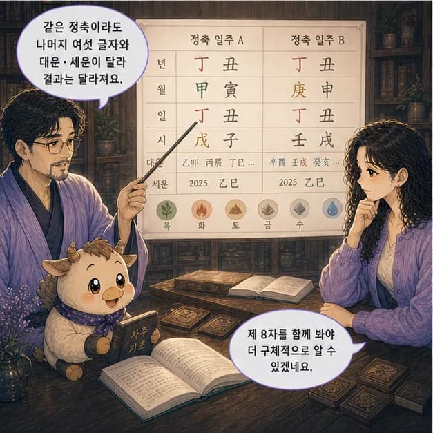 정축일주 11컷: 같은 정축이라도 나머지 여섯 글자와 대운·세운이 달라 결과는 달라져요.