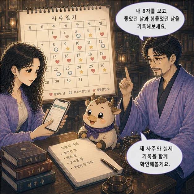 정축일주 12컷: 내 8자를 보고 좋았던 날과 힘들었던 날을 기록해보세요. 흐름이 더 선명해져요.