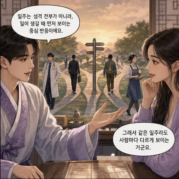 정해일주 2컷: 일주는 성격 전부가 아니라, 일이 생길 때 먼저 보이는 중심 반응이에요.