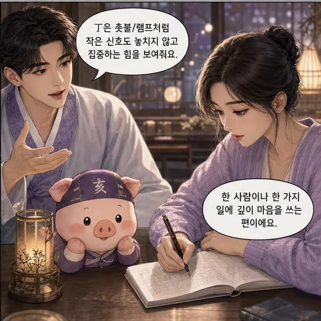 정해일주 4컷: 丁은 촛불/램프처럼 작은 신호도 놓치지 않고 집중하는 힘을 보여줘요.