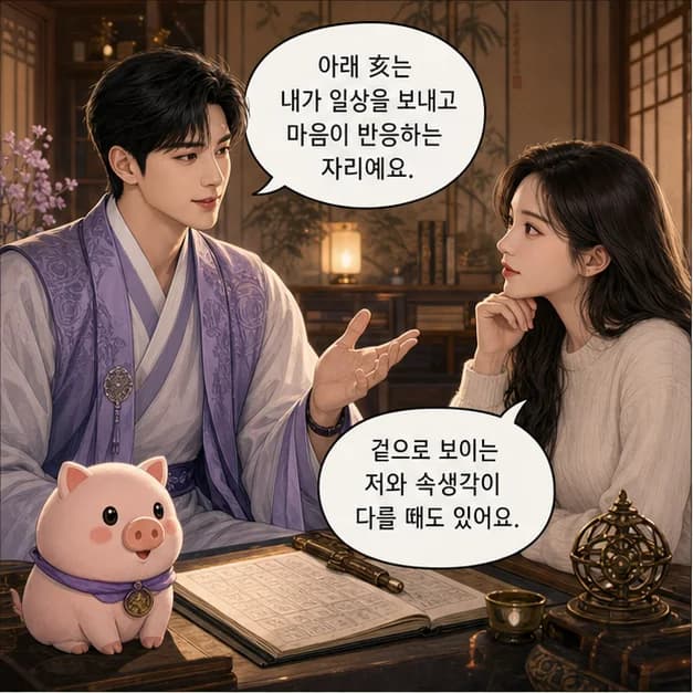 정해일주 5컷: 아래 亥는 내가 일상을 보내고 마음이 반응하는 자리예요.