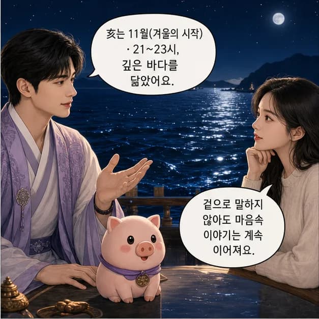 정해일주 6컷: 亥는 11월(겨울의 시작)·21~23시, 깊은 바다를 닮았어요.