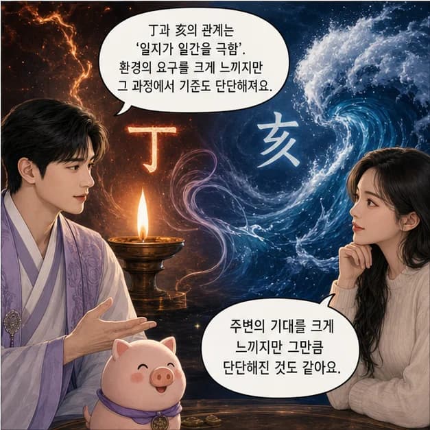 정해일주 8컷: 丁과 亥의 관계는 ‘일지가 일간을 극함’. 환경의 요구를 크게 느끼지만 그 과정에서 기준도 단단해져요.