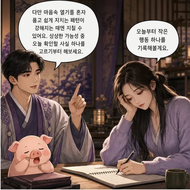 정해일주 10컷: 다만 마음속 열기를 혼자 품고 쉽게 지치는 패턴이 강해지는 때엔 지칠 수 있어요. 상상한 가능성 중 오늘 확인할 사실 하나를 고르기부터 해보세요.