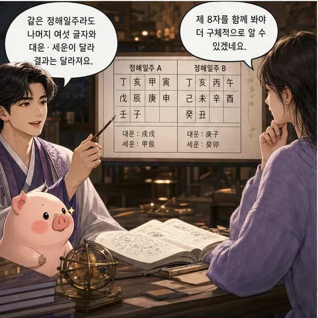 정해일주 11컷: 같은 정해라도 나머지 여섯 글자와 대운·세운이 달라 결과는 달라져요.