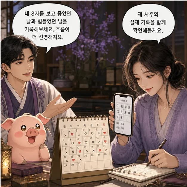 정해일주 12컷: 내 8자를 보고 좋았던 날과 힘들었던 날을 기록해보세요. 흐름이 더 선명해져요.