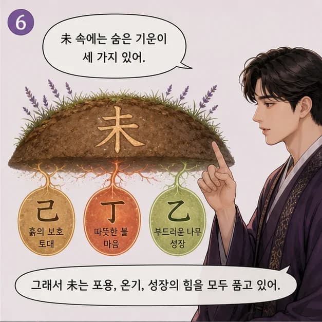 정미일주 6컷: 未는 7월(늦여름)·13~15시, 기름진 땅을 닮았어요.