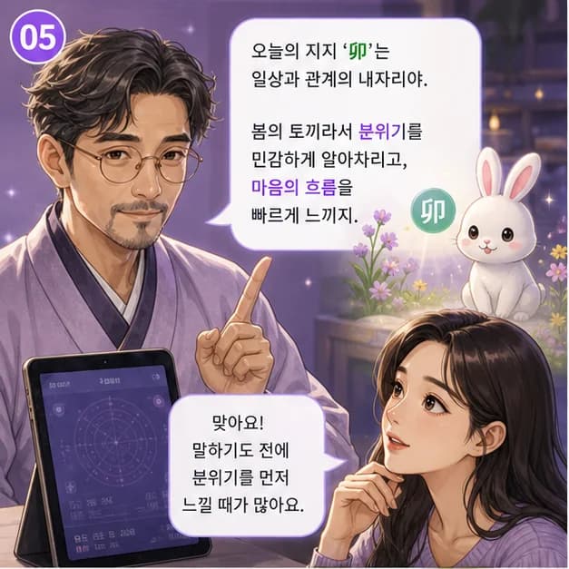 정묘일주 5컷: 아래 卯는 내가 일상을 보내고 마음이 반응하는 자리예요.