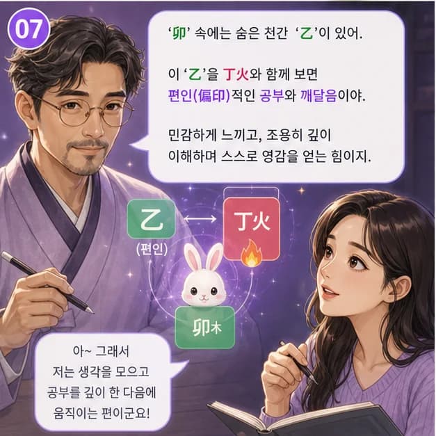 정묘일주 7컷: 卯 안의 乙 편인. 중심은 편인, 낯선 신호를 감각적으로 읽고 새롭게 해석하는 힘이에요.