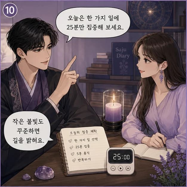 정사일주 10컷: 다만 마음속 열기를 혼자 품고 쉽게 지치는 패턴이 강해지는 때엔 지칠 수 있어요. 몰입 사이에 짧은 멈춤 시간을 예약하기부터 해보세요.