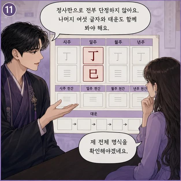 정사일주 11컷: 같은 정사라도 나머지 여섯 글자와 대운·세운이 달라 결과는 달라져요.