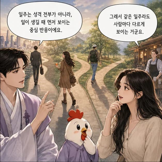 정유일주 2컷: 일주는 성격 전부가 아니라, 일이 생길 때 먼저 보이는 중심 반응이에요.