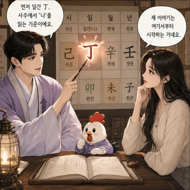 정유일주 3컷: 먼저 일간 丁. 사주에서 ‘나’를 읽는 기준이에요.
