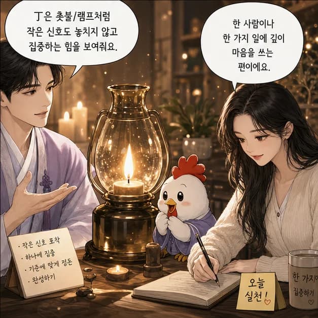 정유일주 4컷: 丁은 촛불/램프처럼 작은 신호도 놓치지 않고 집중하는 힘을 보여줘요.