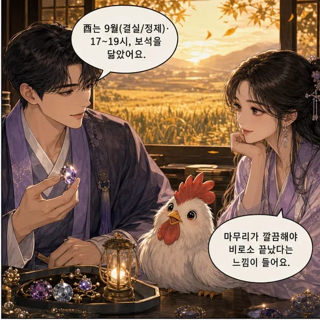 정유일주 6컷: 酉는 9월(결실/정제)·17~19시, 보석을 닮았어요.