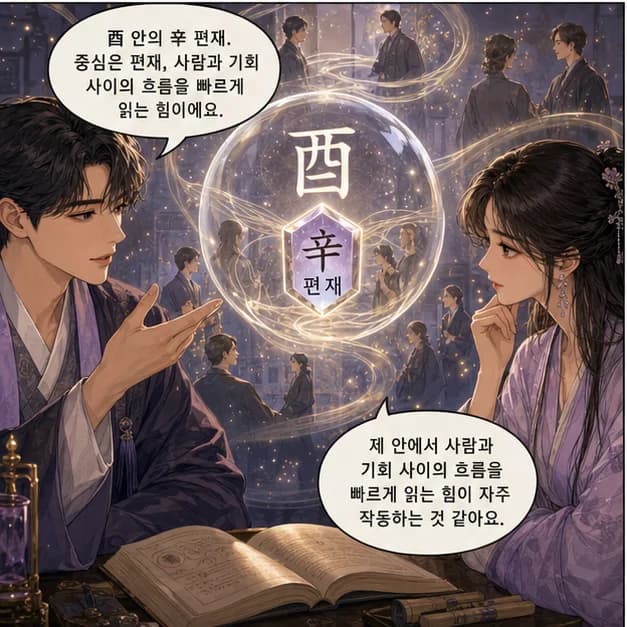 정유일주 7컷: 酉 안의 辛 편재. 중심은 편재, 사람과 기회 사이의 흐름을 빠르게 읽는 힘이에요.