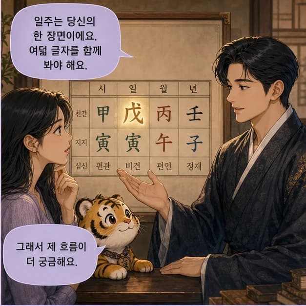 무인일주 2컷: 일주는 성격 전부가 아니라, 일이 생길 때 먼저 보이는 중심 반응이에요.