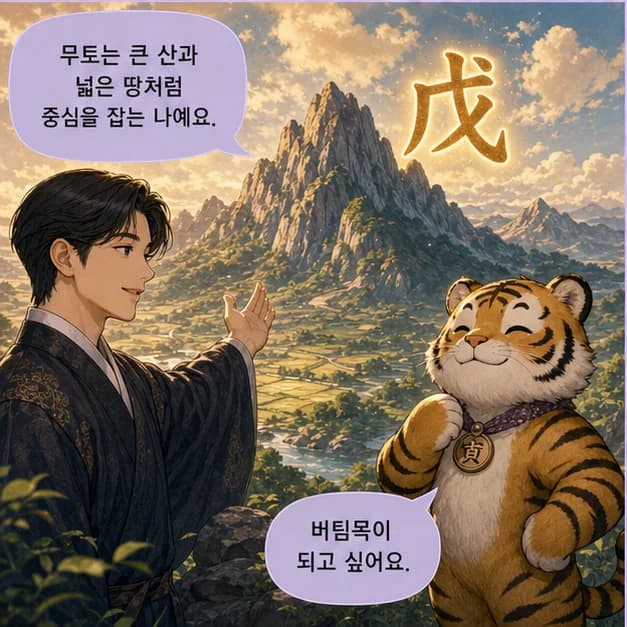 무인일주 3컷: 먼저 일간 戊. 사주에서 ‘나’를 읽는 기준이에요.